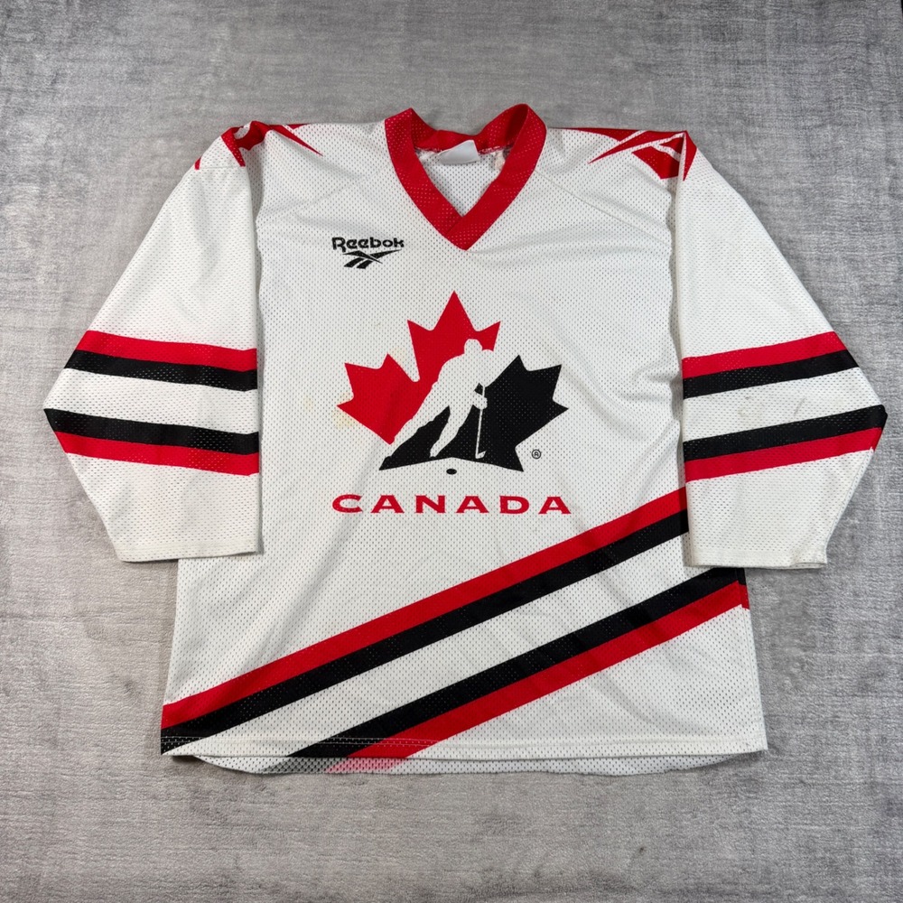 Team Canada Jersey Mens XL White Vintage 90s Reebok Hockey Striped